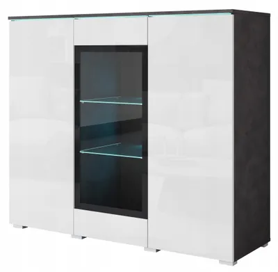 Zdjęcie produktu dla wysoka witryna 120 do salonu 3drzwiowa matera/biały połysk z LED
