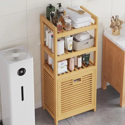 Immagine prodotto di Armadio per biancheria con cesto per il bucato, in bambù, stretto, dimensioni 40x30x119 cm, con 3/4 ripiani