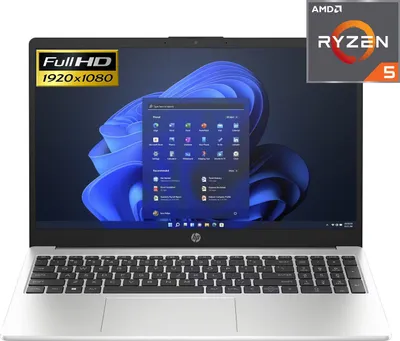 A silver HP laptop is shown from the front, open with the screen displaying the Windows 11 interface. The laptop is centered on a white background with a black gradient behind the screen.