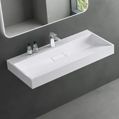 Produktbild von Mai&Mai Rechteckiges Mineralguss-Waschbecken, matt weiß, 120cm Breite, Aufsatz-/Hängewaschtisch, 1 Armaturenloch, inkl. Ablaufgarnitur, DIN-Anschlüsse, Col19 Col19-1200
