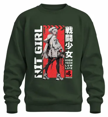 Imagen del producto de Sudadera con cuello redondo, estilo "anime girl", con motivos de katana, estética "techwear" y "cyberpunk", inspirada en la cultura urbana japonesa y la estética "Y2K", color verde botella, talla S