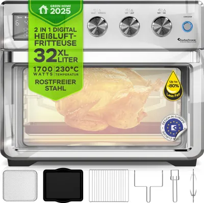 A TurboTronic digital air fryer oven with a roasted chicken inside, showcasing its features and capacity.