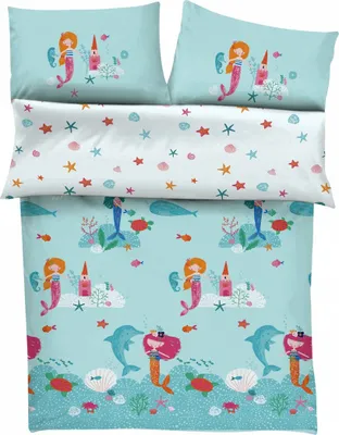 A bedding set with a mermaid theme, laid out flat.