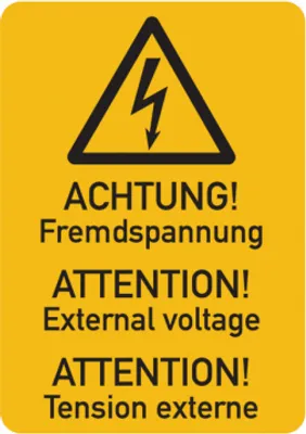 Produktbild von Dreifke® Warnschild, Fremdspannung (3-sprachig), Folie - ISO 7010 | Folie sel...