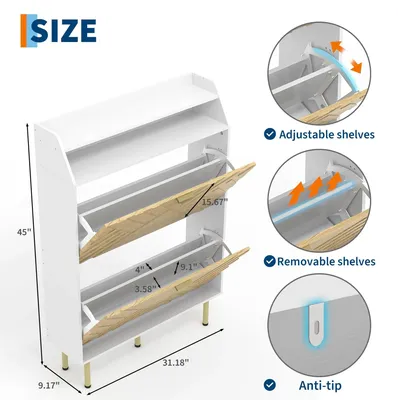 Produktbild von Schmaler Schuhschrank - Schuhregal Flur - 2 Klappfächer - Mit Ablagen - Freistehend - Holzoptik - Weiß