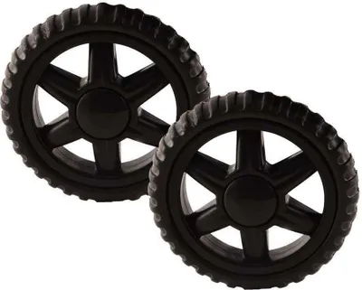 Two black wheels for a shopping trolley.