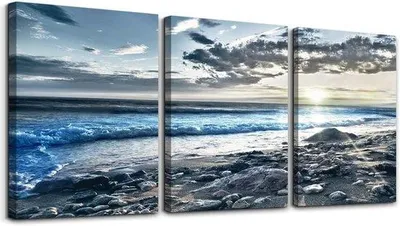 Productafbeelding van Famanu Canvaswandset van 3 – Zonsopgang, blauw strand – Wanddecoratie voor woonkamer/badkamer/keuken/slaapkamer