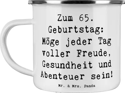 Produktbild von Mr. & Mrs. Panda Teetasse Spruch 65. Geburtstag - Weiß - Geschenk, liebevoll, Emaille Becher, Happy Birthday, gestaltet, Teebecher, Outdoor Tasse, Erinnerungen, Pott