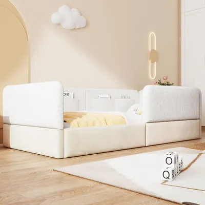 Obrázek produktu pro okwish Dětská postel 90x200 s matrací čalouněná platformová postel s úložným vakem jednolůžkový rám postele s ochranným zábradlím bílá