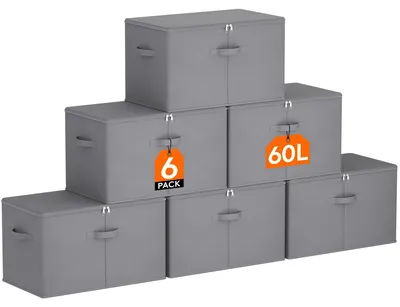 Produktbild von Aufbewahrungsbox mit Deckel, faltbare Aufbewahrungsbox aus Vliesstoff mit Griff, faltbarer Kleiderschrank-Organizer, Kleideraufbewahrungsbox, grau, 56 x 32 x 33