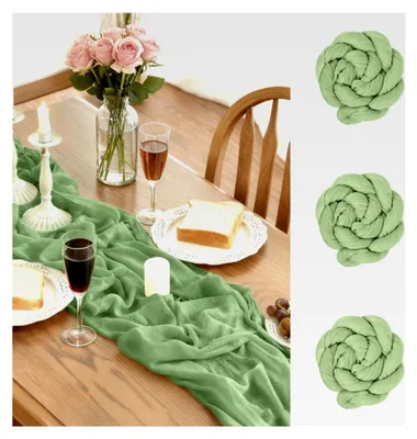 Produktbild von Tischläufer aus Gaze, 3 Stück, Boho-Stil, rustikaler Tischläufer, für Babyparty, Hochzeit, Dekoration, Geburtstagsparty, 90 x 300 cm, Hellgrün