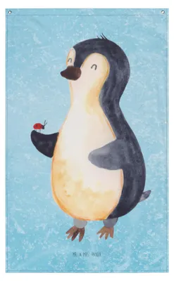 Produktbild von Mr. & Mrs. Panda Wandbild Pinguin Marienkäfer - Eisblau - Geschenk, Tapestry, Gobelin, Hängedeko, Liebe, Aufmerksam, Freude, Boho Wandteppich, Wandtuch, Glück