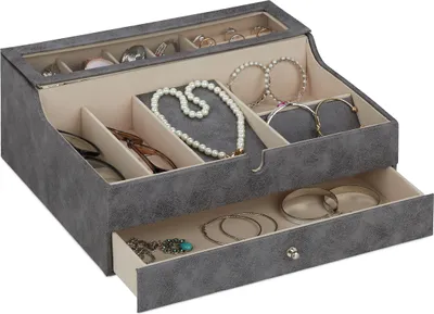 Image de Boîte à bijoux Relaxdays, aspect cuir, velours, boîte à bijoux pour femmes et hommes, H x l x P : 13 x 34 x 31 cm, boîte à bijoux, gris