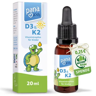 Produktbild von PanaKids Vitamin D3 K2 Tropfen für Kinder - ab 4 Jahren - 100% Vegetarisch - für 350 Tage - 800 IE Vitamin D & 25μg Vitamin K2 - hohe Bioverfügbarkeit