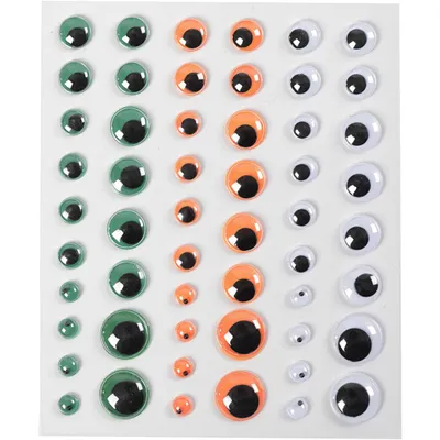 Produktbild von Creativ Company Kulleraugen, selbstklebend, D 6+8+10+12+15 mm, grün, orange, weiß, 54 Stück, 1 Blatt