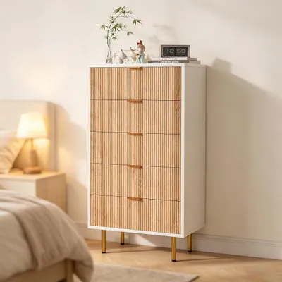 Produktbild von INONEFT Kommode mit 5 Schubladen, Schubladenschrank, Sideboard mit Metallgriff, für Schlafzimmer, Wohnzimmer, Flur, Holzfarbe + Weiß