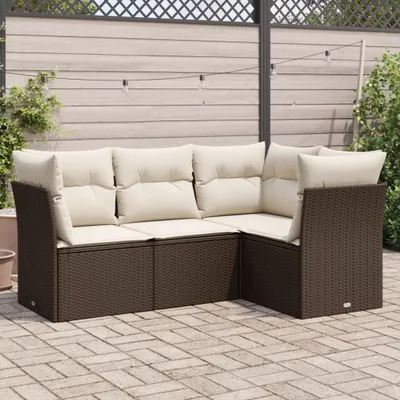 Image de vidaXL Ensemble de salon de jardin 4 pièces avec coussins Marron Poly Rattan