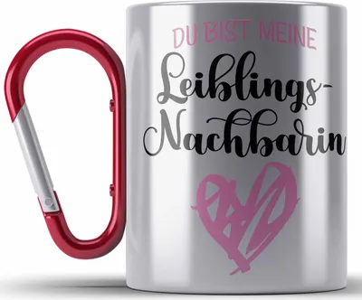 Produktbild von Trendation - Beste Nachbarin Der Welt Edelstahl Tasse Karabiner Geschenk Lustig Abschied Abschiedsgeschenk (Rot)