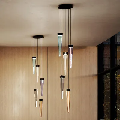 Immagine prodotto di Stalactite Lampada a sospensione di design a LED, diffusore piramidale in vetro trasparente, struttura in metallo nichel nero lucido 12W 2700K