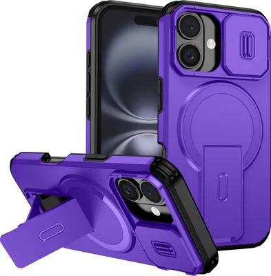 Produktbild von Magnetisch Hülle für iPhone 16, Dual Layer Stoßfest Handyhülle mit Dia Kameraschutz, Verstellbarem Ständer Lila