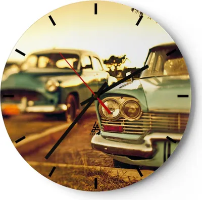 Produktbild von Wanduhr - Rund - Glasuhr - Auto Kuba Klassiker - 40x40cm - Schleichendes Uhrwerk - Lautlos - zum Aufhängen bereit - Dekoration Modern - Wanddekoration aus Glas - C3AR40x40-3491