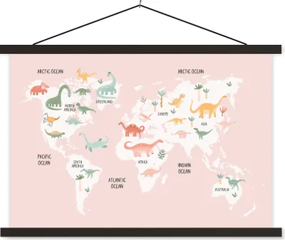 Produktbild von MuchoWow® Textilposter Weltkarte - Kinder - Dinosaurier 90x60 cm mit schwarzem Rahmen - Aufhängungssatz