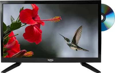 A flat-screen television displaying a nature scene with flowers and a hummingbird. A DVD is inserted into the side of the TV.