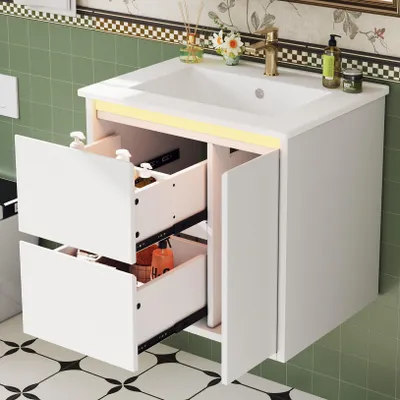 Produktbild von Flieks wandmontierter Waschtisch mit LED-Radarsensorleuchte, Soft-Close-Scharniere, integriertes Waschbecken, Waschtisch, Holzschrank61x46.5x57cm,Weiß
