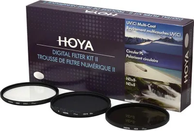 A Hoya Digital Filter Kit II box with three filters displayed in front of it.