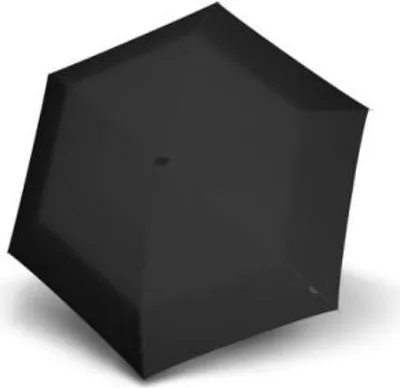 A black umbrella is shown from a top-down diagonal angle.
