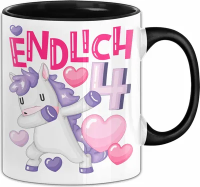 Produktbild von 4. Geburtstag Geschenk Tasse Becher Mädchen Einhorn Geburtstagsgeschenk Tochter Endlich 4 (Schwarz)