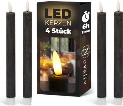 Produktbild von Stabkerzen LED mit Timer SCHWARZ 4 Stück indoor 6 Stunden - ECHTWACHS 24cm Höhe für Kerzen 2,2cm Durchmesser 2 AAA Batterien notwendig LED Stabkerzen flackernde Flamme bewegliche Flamme Licht
