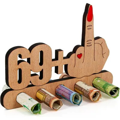 Produktbild von Geldgeschenk Holz 70. Geburtstag 69+1 Humorvoll mit Ständer 17x12,5cmHolz