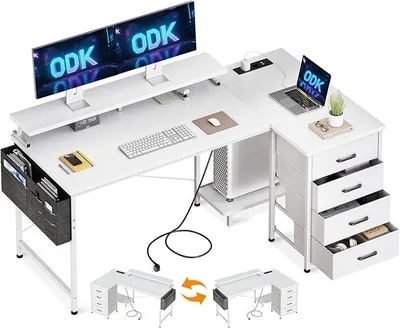 Image de Bureau d'angle avec 4 tiroirs en tissu, dimensions 140x80 cm, bureau en forme de L réversible avec port de charge USB et prise de courant, bureau d'angle avec espace de rangement, support pour écran, bureau de jeu pour le télétravail, blanc
