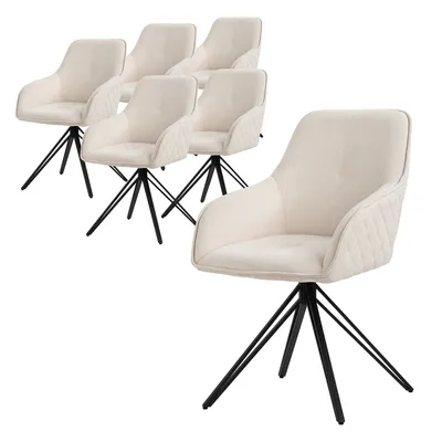 A group of six cream-colored dining chairs with black metal legs are arranged on a white background. One chair is in the foreground, angled towards the viewer, while the other five are in the background, clustered together.