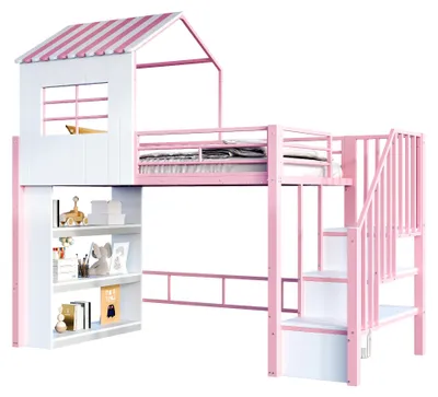 Produktbild von Merax Etagenbett Hochbett 90x200cm mit Hausdesign, Kinderbett mit Schutzgitter, Stauraumregal, Sichere Treppe links/rechts montierbar, Jugendbett,Rosa