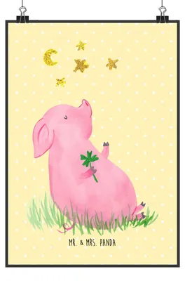 Produktbild von Mr. & Mrs. Panda Bild Schwein Glück DIN A3 - Gelb Pastell - Geschenk, Ziele, Wanddekoration, Wandbild, Glücksbringer, Träume, Lustige Sprüche, drucke, Motivation, Sterne