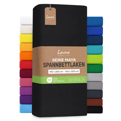 Produktbild von Lavea® Spannbettlaken 140x200cm - 160x200cm, Maya, 100% Baumwolle – Weiches, atmungsaktives Bettlaken für Matratzen bis 20cm - Schwarz