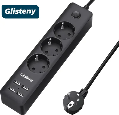 Produktbild von GLISTENY Steckdosenleiste Schwarz – 3-fach Mehrfachsteckdose mit 4 USB-Anschlüssen | Powerleiste mit Kindersicherung & Überlastschutz