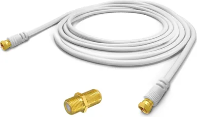 A white coaxial cable with gold connectors and a gold F-connector adapter on a white background.