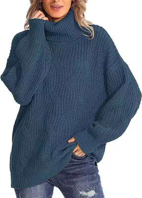 Obrázek produktu pro Dámský svetr s rolákem ASKSA Elegantní svetr s rolákem, ležérní pletený svetr s dlouhým rukávem, tmavě modrý, 2XL