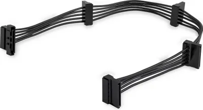 A black SATA splitter adapter cable with four female connectors is shown on a white background.