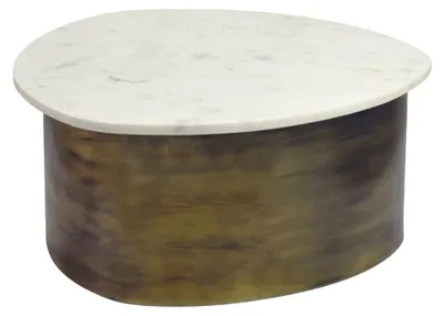Couchtisch Gold 63 cm mit runder weißer Marmorplatte und rundem Aluminiumgestell in Gold-Optik, Gesamtansicht.