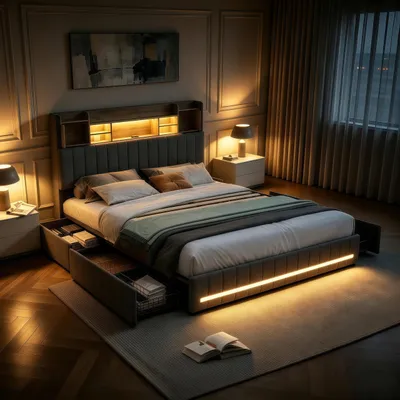 Produktbild von SUNFECILI Polsterbett 140x200 cm,Bett mit Schubladen,mit Lattenrost,Weicher Rückenlehne und Kopfteil,LED,Doppelbett,Jugendbett,Leinen,Grau