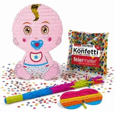 Produktbild von Pinata-Set | 4-tlg. mit Augenmaske, Schlagstock und Konfetti Farbe: Baby" | 42x28x7,5cm