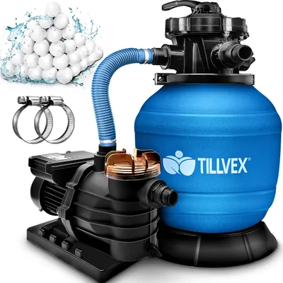 Produktbild von pieskový filtračný systém tillvex bazén 10 m³/h vrátane 800g filtračných guličiek modrej farby | filtračný systém 7-cestný ventil a adaptér 2v1 Ø32mm - 38mm | bazénový filter s indikátorom tlaku | pieskový filter pre bazény