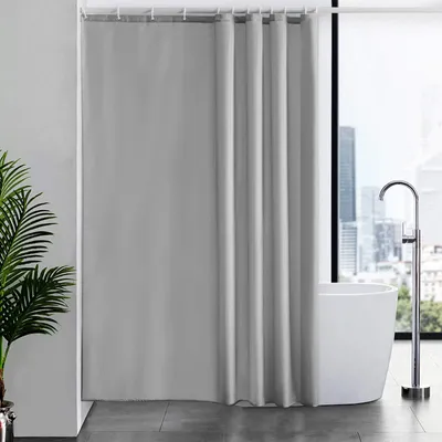 Produktbild von Duschvorhang für Badewanne und Dusche im Badezimmer, textiler Badezimmervorhang, schimmelresistent, waschbar, wasserdicht, grau mit 12 Ringen, 180 x 210 cm.