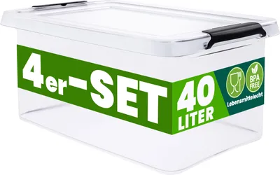 Produktbild von DEUBA® 4x Aufbewahrungsbox mit Deckel 40L Box Kunststoff Kisten lebensmittelecht BPA frei Klickverschluss transparent stapelbar Küche Schlafzimmer