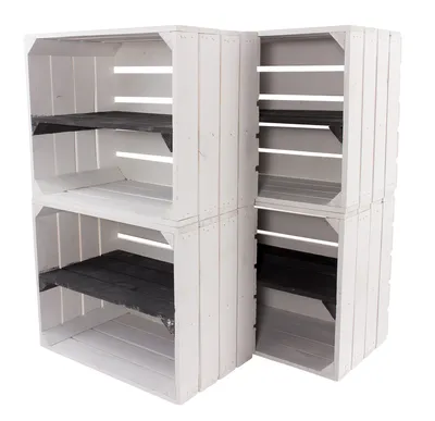 Produktbild von 4er Set neue weisse Holzkiste mit Regalboden in schwarz 50cm x 40cm x 30cm Regal Wandregal Obstkisten/Weinkisten Kiste Holzregal Apfelkiste weiß