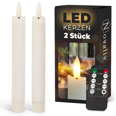 Produktbild von Stabkerzen LED mit Timer WEISS 2er indoor mit 6 Stunden Timer - ECHTWACHS 18cm Höhe für Kerzen 2,2cm Durchmesser 2 AAA Batterien notwendig LED Stabkerzen flackernde Flamme bewegliche Flamme